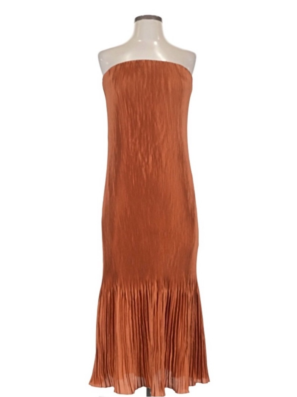 Abercrombie & Fitch Strapless Pleated Midi Dress in Rust Orange